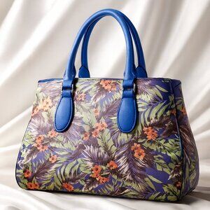 Tropical Floral Vegan Leather Tote Handbag – Blue Handles, Chic Designer Style